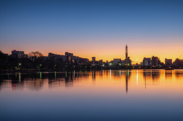 茨城県水戸市　野鳥とともに迎える日の出直後の服の千波湖の朝