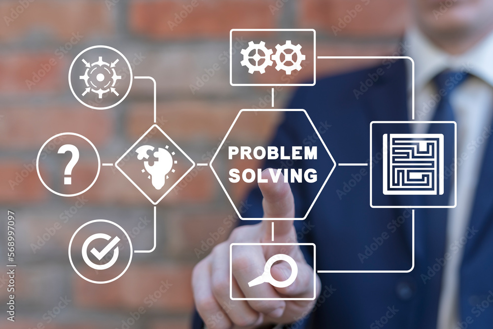 Poster businessman working on virtual touchscreen of future and sees flowchart with inscription: problem so