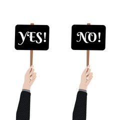 Uniesiona ręka ze znakiem z napisem "tak" i "nie". Czarna tabliczka z białym napisem. Ilustracja wektorowa.