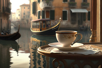 Fototapeta na wymiar Cup of tea or coffee on blurred background of Venetian canal. Romantic view. Based on Generative AI 
