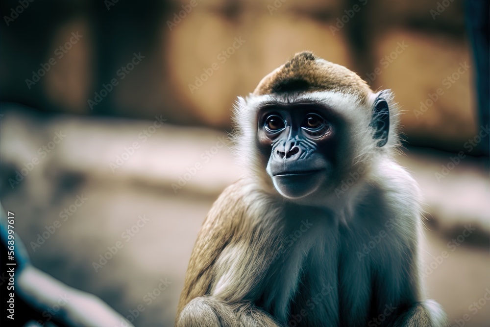 Poster picture taken using a camera's selective focus mode, depicting an adorable monkey at the zoo generat