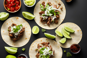 three mexican pork carnitas tacos flat lay composition

