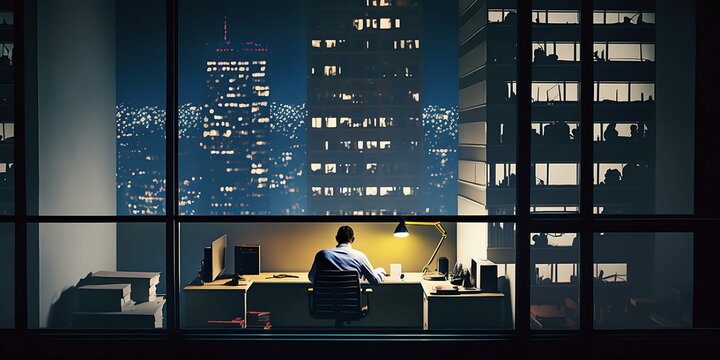 Corporation man working in the office, night time, generative ai