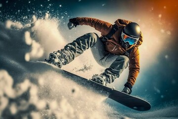 Naklejka na ściany i meble Snowboarder freeride on the slope in snow mountain. Generative AI