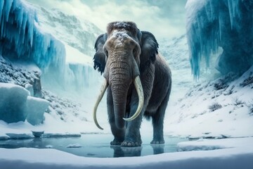 Mammoth elephant walking in snow winter mountains. Generative AI