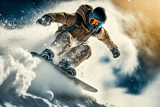 Snowboarder freeride on the slope in snow mountain. Generative AI