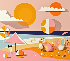 summer beach scene, generative ai illustration in orange soft tones colors