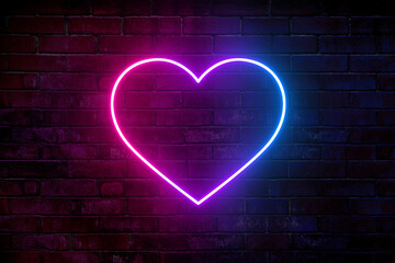 Neon heart with a glow on the background of a dark brick wall. Neon sign pink and blue.