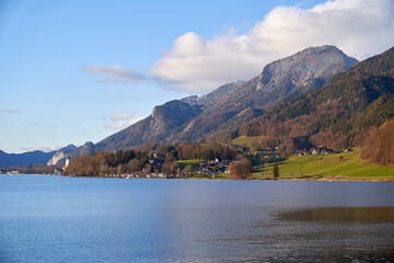 Fototapeta na wymiar Great view of village Strobl above Wolfgang lake in Austrian Alps.