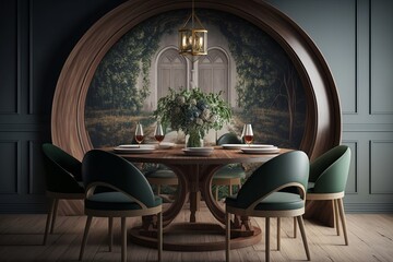 Fototapeta na wymiar Interior design with wooden round table and chairs. Generative AI