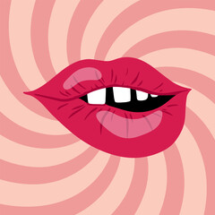 Passionate Valentines Day greeting card. Valentine card. Сonception of love. Lips beckoning to a kiss. Mouth. Trends retro cartoon style.