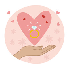 Cute Valentines Day greeting card. Valentine card. The concept of love. An offer to get married. Ring in the heart. Trends retro cartoon style.