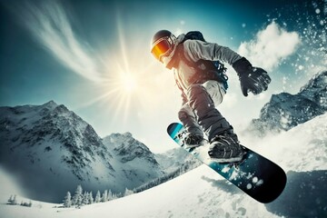 Snowboarder freeride on the slope in snow mountain. Generative AI
