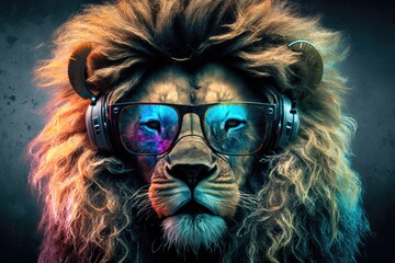 Mighty rasta lion in earphones and mirror glasses on abstract magenta background. 80s vibe, Rastafarian culture, synthwave style, AI Generative.