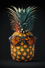 Ripe pineapple with sunglasses on black background. AI generative.