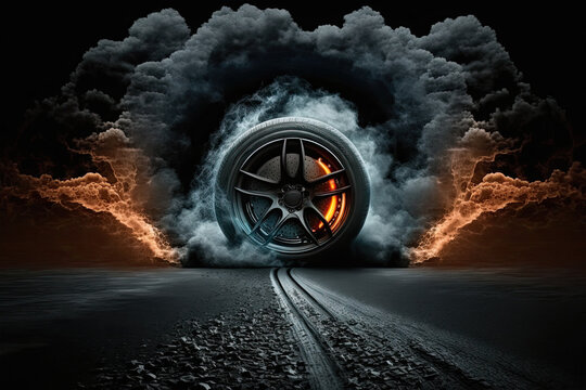 Car tires with a great profile on illuminates asphalt, smoke, wheel, car, tire, isolated, auto, tyre, black, rubber, automobile, vehicle, transportation, white, transport, object, icon, illustration, 