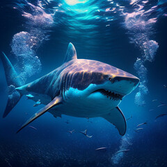 Fototapeta premium dangerous shark swims in the depths of the ocean, generative AI