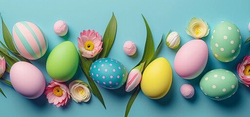 Fototapeta na wymiar Colorful Easter eggs in a row with tulips on a blue background. Concept of Happy Easter. digital ai art