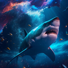 Naklejka premium dangerous shark swims in the depths of the ocean, generative AI