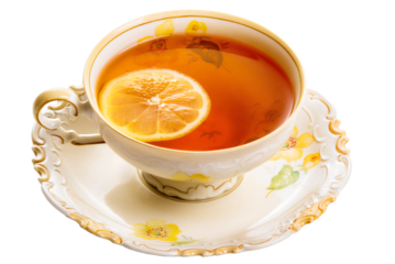 PNG. Tea with lemon in an antique porcelain cup and saucer