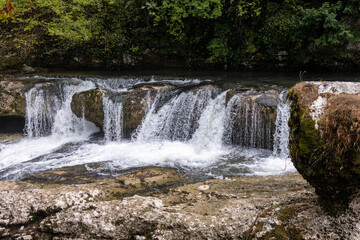 Martvili canyon in Georgia country, waterfalls in autumn