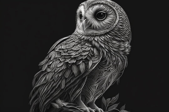 Owl sketch on black, created by generative Ai