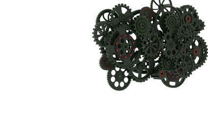 Mechanism dark green gears and cogs at work on spot light background. Industrial machinery. 3D illustration. 3D high quality rendering.