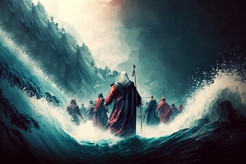 Moses crossing the Red Sea, bible. Generative AI - obrazy, fototapety, plakaty