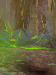Underground Alien Cavern with Pulsing Radioactive Green Energy Veins Illustration Concept Art