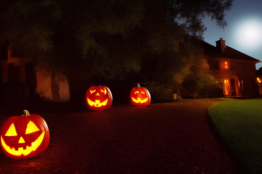Moonlit pathway to haunted house, patio with Jack-o-Lantern
