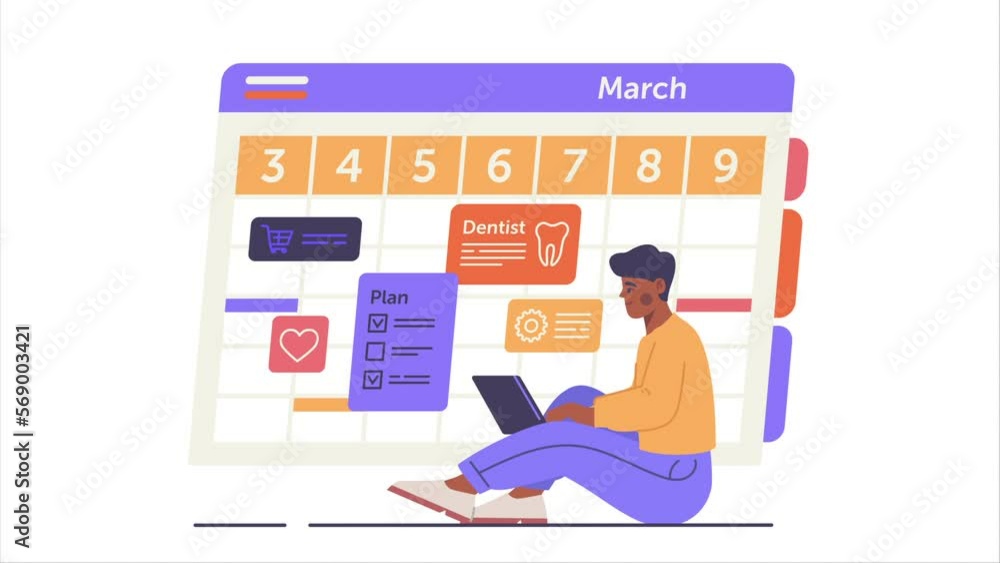 Poster online calendar video concept. moving guy with laptop makes schedule or to do list. young character 