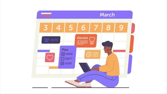 Online calendar video concept. Moving guy with laptop makes schedule or to do list. Young character makes notes or reminders. Multitasking and time management. Flat graphic animated cartoon