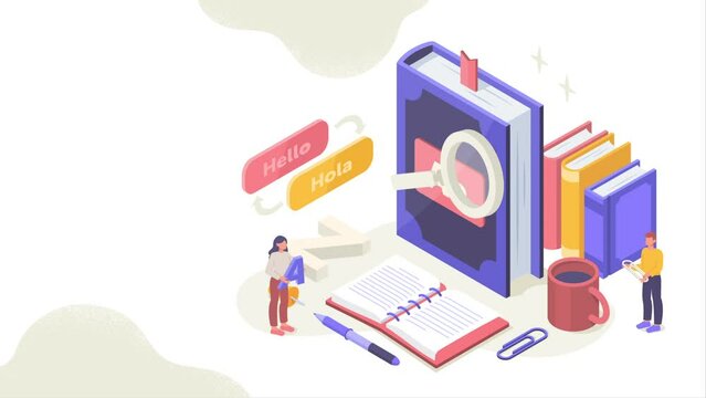 Online dictionary video concept. Moving young students learn foreign languages. Characters expanding their vocabulary. Remote education and learning English. Isometric graphic animated cartoon