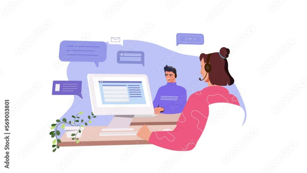 Poster help desk operators video concept. moving man and woman with headset sitting at work desk, answering