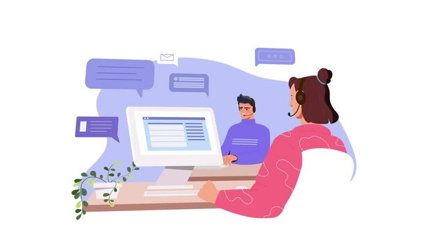 Help Desk Operators video concept. Moving man and woman with headset sitting at work desk, answering customer questions and solving technical problems. Hotline staff. Flat graphic animated cartoon
