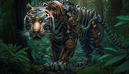 Illustration of biomechanical animals in the forest.