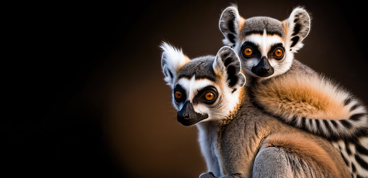 Baby ring-tailed lemur rides on Mom&rsquo;s back. animal wildlife, background with copy space digital ai art	
