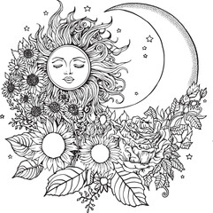 Celestial Sun and Moon Vector Coloring Page