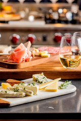 Charcuterie Board. Cheese Board Assortment on cured and salted deli meats and cheeses, pastrami, salami, prosciutto served with olives and dried fruits. Classic traditional party favorite.  