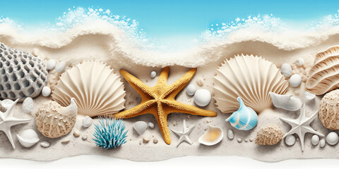 Fototapeta na wymiar Sea themed banner with beautiful shells, corals and starfish on white sand. Generative AI.