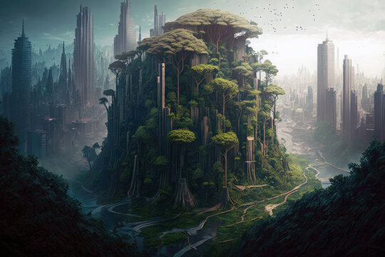 Towering futuristic mega structures stand in harmony with lush green trees in this futuristic cityscape. The towering buildings and towering trees coexist in a harmonious balance, Generative AI