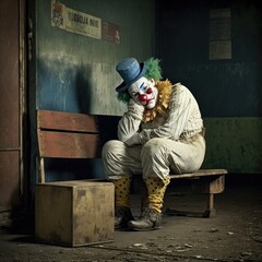 Sad clown sitting on a bench