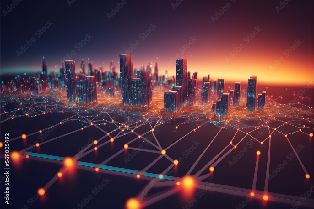 Aufkleber the future of urban living: smart city and abstract line and dot connect with gradient - generative 