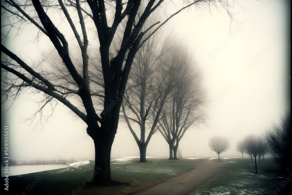 Poster a serene escape: trees in the fog at freedom park - generative ai