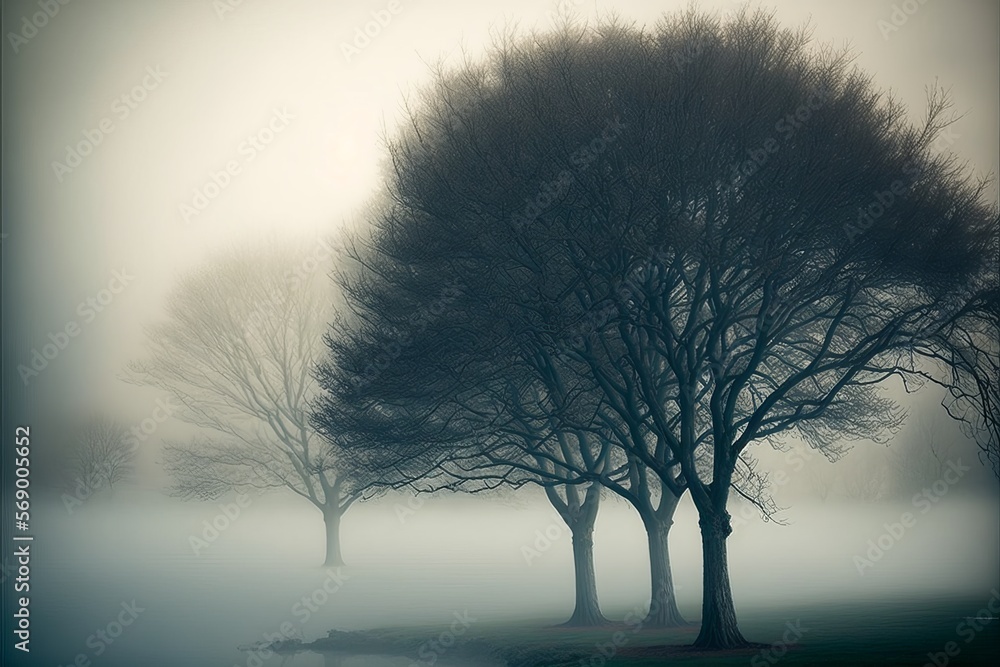 Poster a mystical scene: trees in the fog at freedom park - generative ai