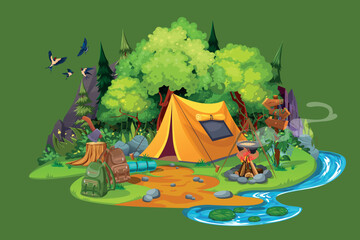 Tent camp near the river and mountains. Summer landscape. vector illustration Cartoon tourist camp with picnic area and tent among forest, mountain landscape.