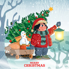 Merry Chrismast and Happy New Year! Cute winter vector illustration, a girl with a cart carrying a christmas tree, a snowman and lots of gifts. The lights that illuminate the streets show the surround