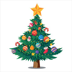 Christmas tree with xmas decorations ornaments, stars, garlands, lights. Isolated. Vector illustration