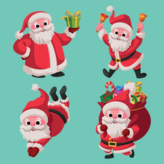 Set of cartoon illustrations of Cute Santa Claus characters with gifts, bag with gifts, waving and jumping. For Christmas cards, banners, tags and labels