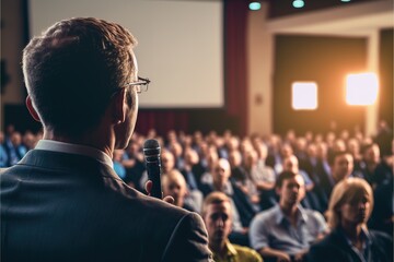 Inspiring Leadership: Dynamic Speaker Captivates Audience at Business Conference - obrazy, fototapety, plakaty